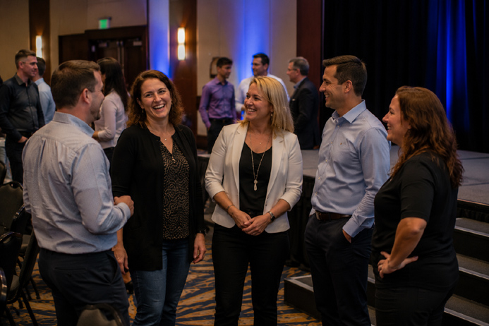 Volunteers talking and laughing near the stage after volunteering for stage hypnosis at a corporate event.