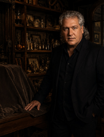 Mike Lamp stands inside The Last Refuge, a curiosity shop filled with unusual artifacts, covered relics, and collected objects that form the setting for the limited autumn theatrical production.