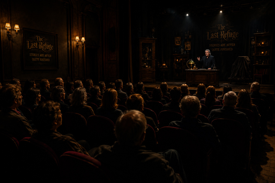 Audience members attend a performance of The Last Refuge, an autumn theatrical production by Mike Lamp presented in an intimate theater setting.