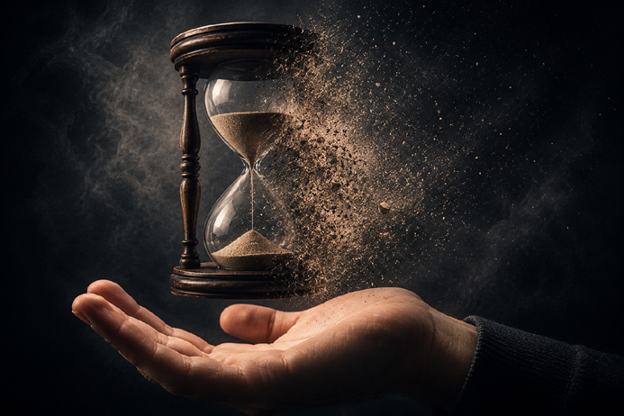 Psychics Won't Predict Death illustrated by a dissolving hourglass representing the uncertainty of timing.