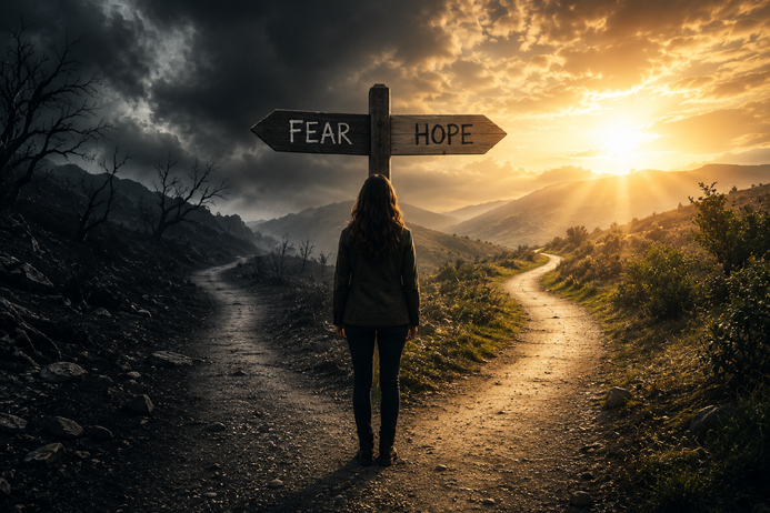 Psychics Won't Predict Death represented by a crossroads between fear and hope.