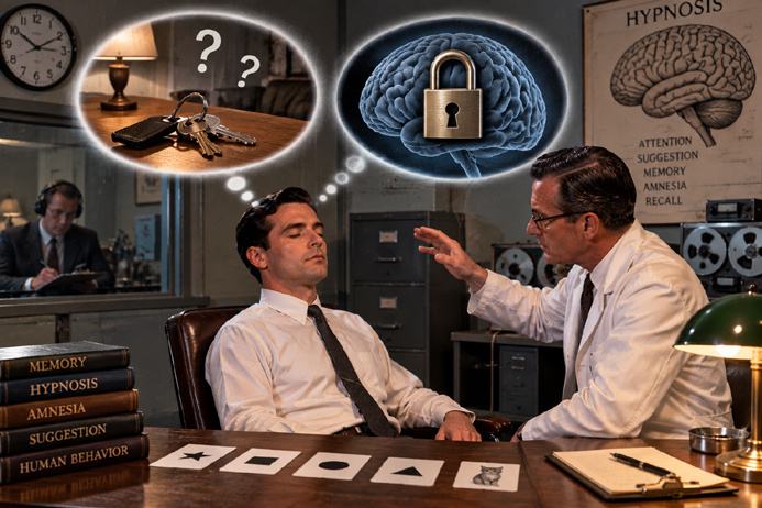 Hypnotic amnesia illustrated in a 1950s hypnosis research laboratory with memory access represented by a locked brain