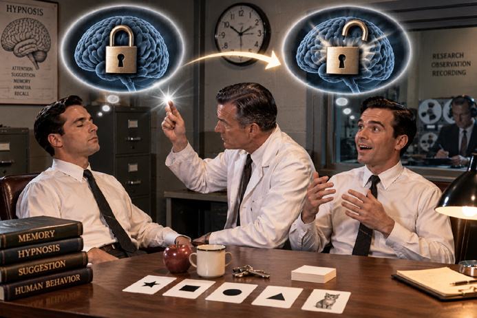 Hypnotic amnesia experiment showing blocked memory returning after a reversal cue in a 1950s research laboratory