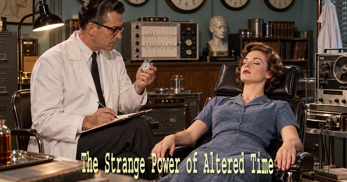 Hypnotic time distortion research in a 1950s hypnosis laboratory with a researcher, subject and clocks