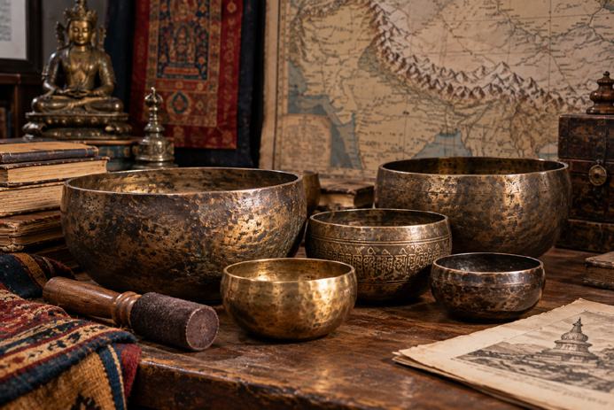 Tibetan singing bowls displayed with Himalayan maps and historical Buddhist objects