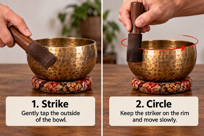 Tibetan singing bowls showing the strike and circular rim playing techniques