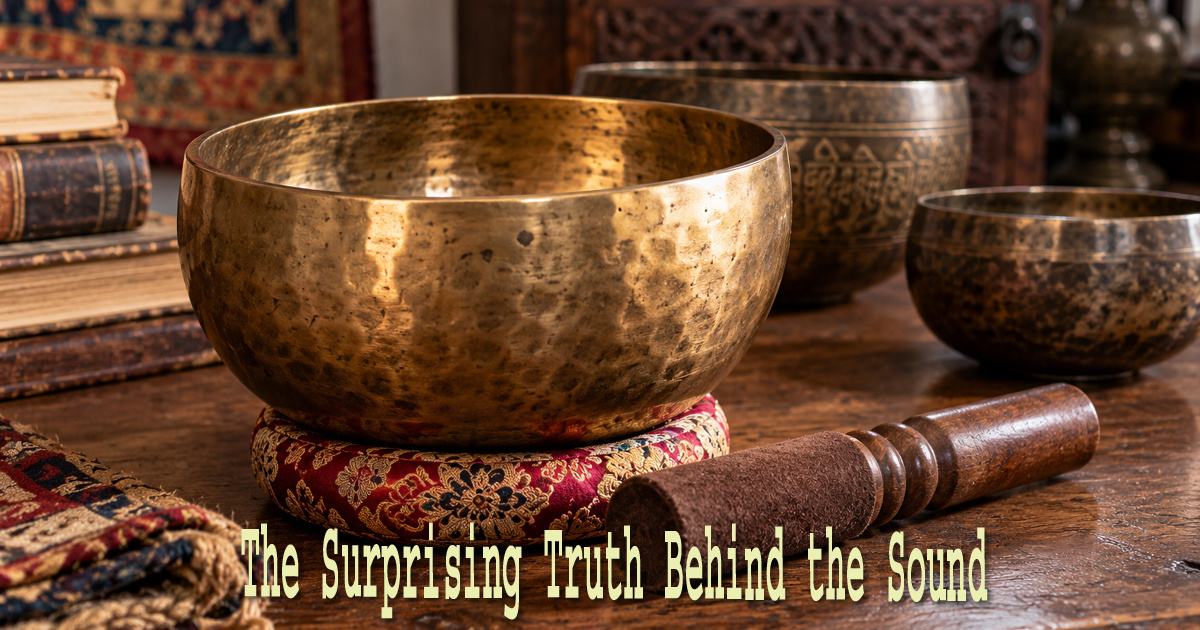 Tibetan singing bowls arranged with a wooden striker on a traditional cushion