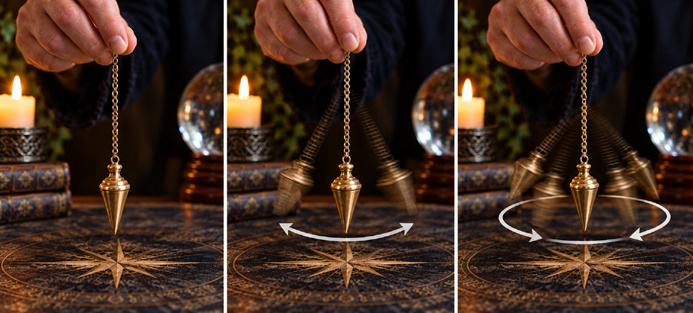 Three-panel pendulum demonstration showing still, side-to-side and circular movement